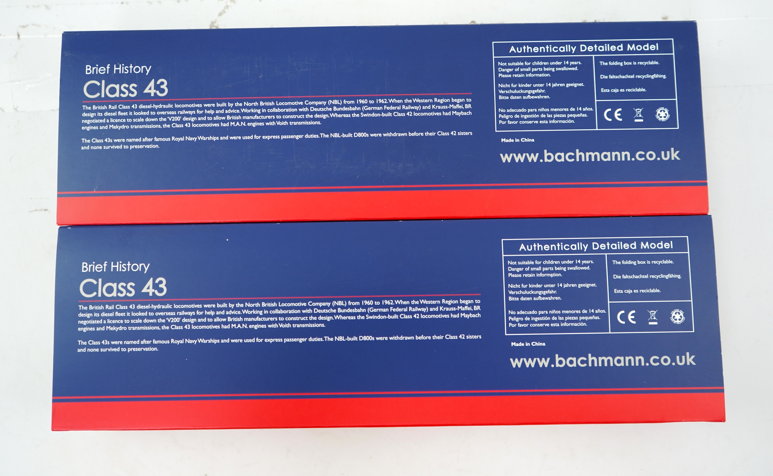 Two boxed Heljan 00 gauge railway BR Class 43 Bo-Bo Warship diesel-hydraulic locomotives; Zealous D865 (32-065) and Royal Oak 842 (32-067)